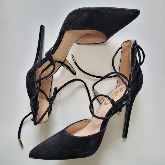 Lulus Marie Black Velvety Vegan Suede Lace-Up Heels - Picture 3 of 7